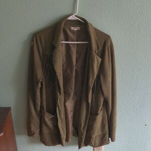 Main Strip Olive Fringe Open-Front Blazer